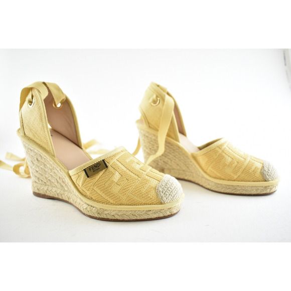 Fendi Roma Natural FF Logo Ankle Strap Lace Up Sandal Espadrille Wedge Heel 36.5 - Picture 4 of 12